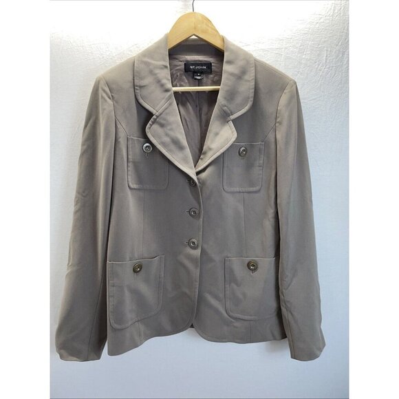 ST JOHN Chore Jacket Blazer Jacket Sz 10 Modern career minimalist Tan Taupe